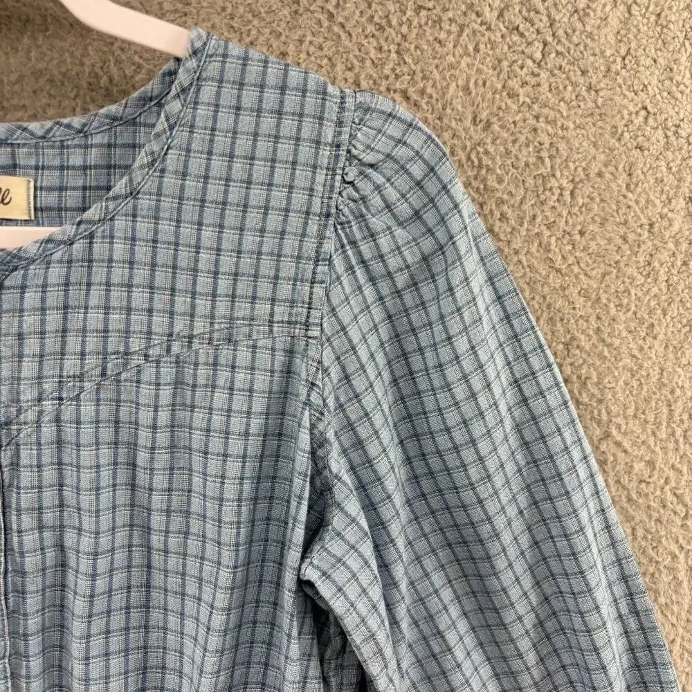 Madewell Chambray Puff-Sleeve Peplum Top in Windowpane Blue – Size S Style NE213